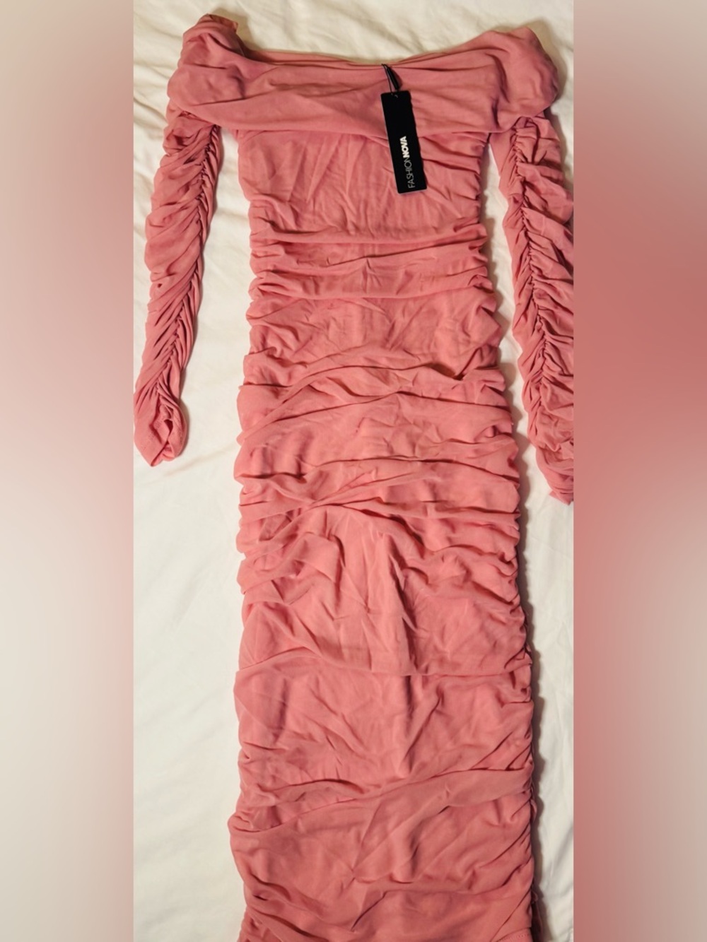 Fashion Nova Ruched Long-Sleeve Pink Bodycon Dress